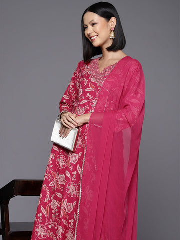 Pink Floral Printed Angrakha Style Anarkali Kurta Paired With Tonal Bottom And Dupatta